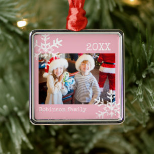 Ornement Carré Argenté Flocon de neige rose pastel Noël photo