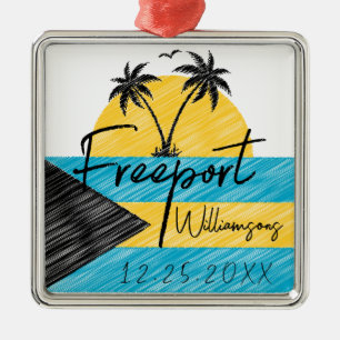 Ornement Carré Argenté Freeport Bahamas Drapeau Palm Tree Sunset Souvenir