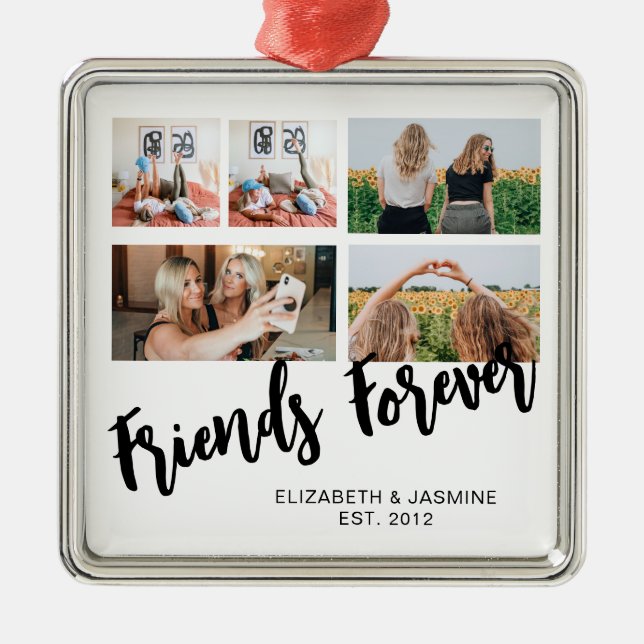 Ornement Carré Argenté Friends Forever Photo Collage Cadeau personnalisé  (Devant)