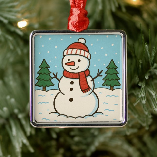 Ornement Carré Argenté Fun Snowman mignon Noël (Arbre)