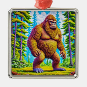 Ornement Carré Argenté Funny Bigfoot Sasquatch Noël