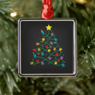 Ornement Carré Argenté Funny Noël Paw Tree Puppy Paws GIft