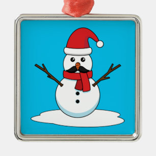 Ornement Carré Argenté Funny Snowman avec Moustache et carotte