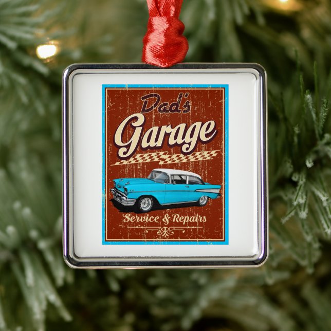 Ornement Carré Argenté Garage bleu personnalisé de papa (Arbre)