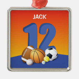 Ornement Carré Argenté Garçon 12e Anniversaire Ballons de Sport