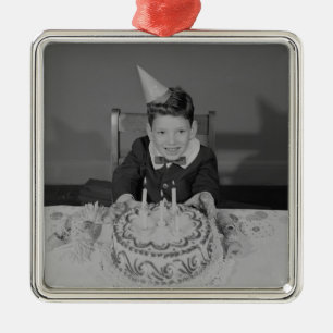 Ornement Carré Argenté Gâteau d'anniversaire
