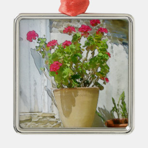 Ornement Carré Argenté Géranium rouge d'aquarelle