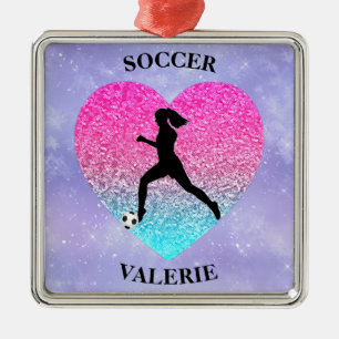 Ornement Carré Argenté Girls Love Soccer    