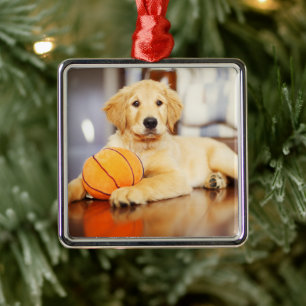 Ornement Carré Argenté Golden Retriever avec un jouet de basket