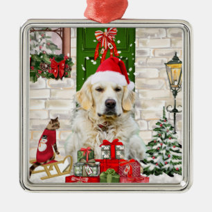 Ornement Carré Argenté Golden Retriever Chien Noël