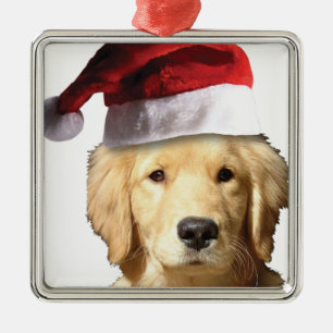 Ornement Carré Argenté Golden Retriever de Noël