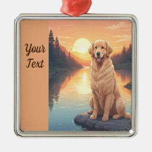 Ornement Carré Argenté Golden Retriever par lac