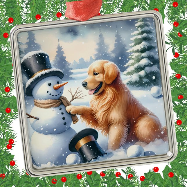 Ornement Carré Argenté Golden Retrior Noël Snowman Holiday (Créateur téléchargé)