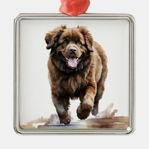 ORNEMENT CARRÉ ARGENTÉ GRAND CHIEN BROWN DE TERRE-NEUVE