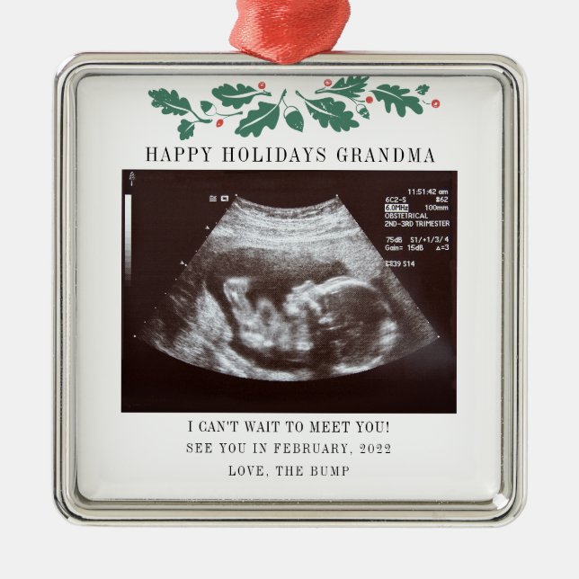 Ornement Carré Argenté Grand-mère Joyeuses vacances Grossesse Ultrasound  (Devant)