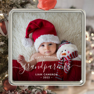 Ornement Carré Argenté Grand-parents First Christmas Photo White Script