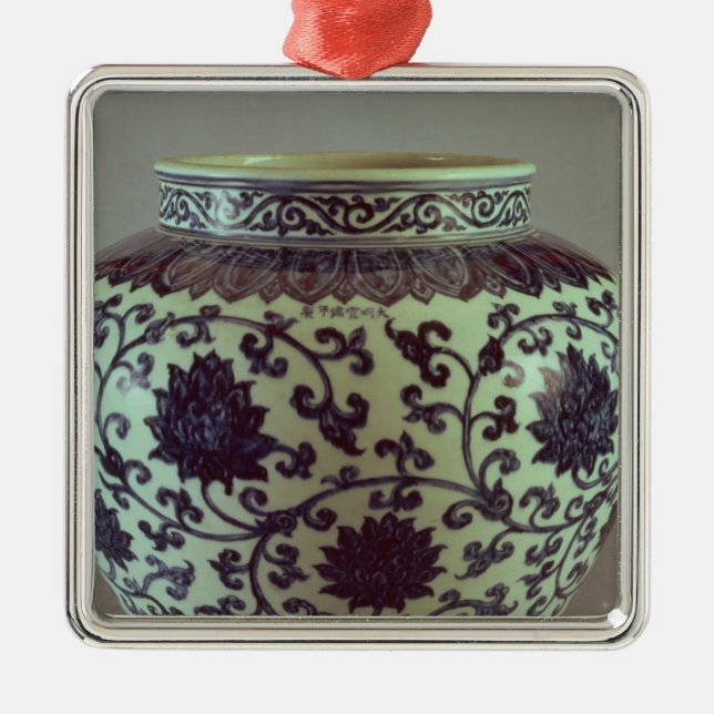 Ornement Carré Argenté Grand vase bleu et blanc à Ming (Devant)