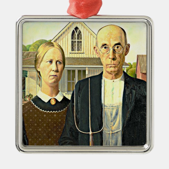 Ornement Carré Argenté Grant Wood - American Gothic, célèbre art American (Devant)