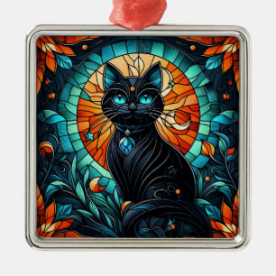 Ornement Carré Argenté Graphique en verre de chat noir
