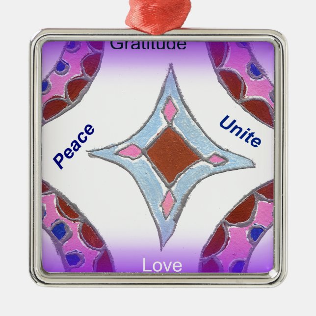 Ornement Carré Argenté "Gratitude Peace Love Unite" Mandala Art Imprimer (Devant)