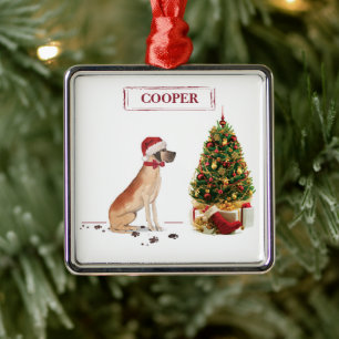 Ornement Carré Argenté Great Dane Funny Chien de Noël avec arbre