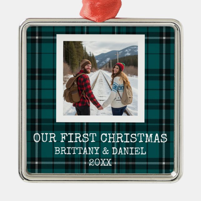 Ornement Carré Argenté Green Tartan Our First Christmas (Devant)