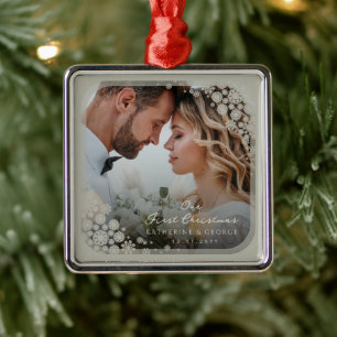 Ornement Carré Argenté Gris Snowflakes Frame Moderne Vacances Mariage Pho