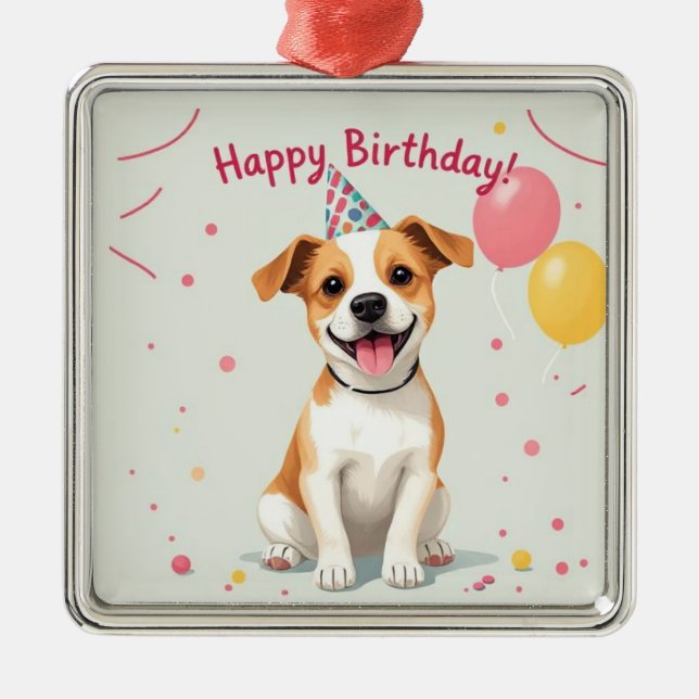 Ornement Carré Argenté Happy Birthday Dog with Party Hat & Balloons (Devant)