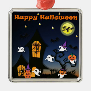 Ornement Carré Argenté Happy Halloween Haunted House
