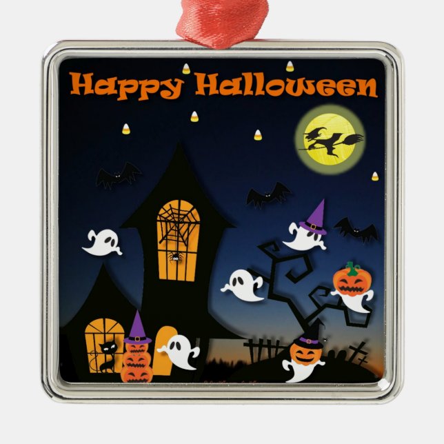 Ornement Carré Argenté Happy Halloween Haunted House (Devant)