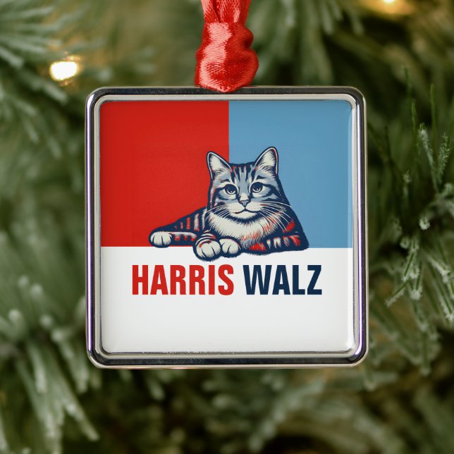 Ornement Carré Argenté Harris Walz 2024 Manifestement Red Blue Cat (Arbre)