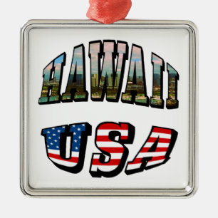 Ornement Carré Argenté Hawaii Picture et USA Flag Text