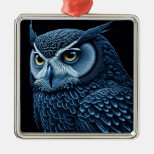 Ornement Carré Argenté Hibou Sérieux Bleu et Noir 