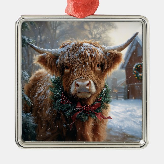 Ornement Carré Argenté Highland Cow Rustic Barnyard Noël (Devant)
