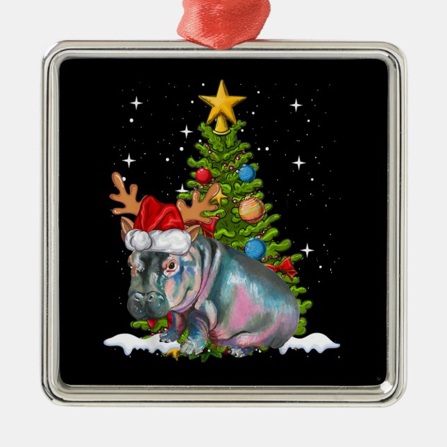 Ornement Carré Argenté Hippo Fiona Arbre de Noël Hippopotame (Devant)