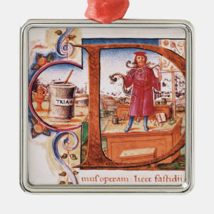 Ornement Carré Argenté Historiated parafent "D" dépeignant un apothicaire
