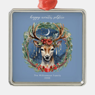Ornement Carré Argenté Hiver Solstice vacances Deer Wreath Yule Noël
