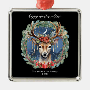 Ornement Carré Argenté Hiver Solstice vacances Deer Wreath Yule Noël