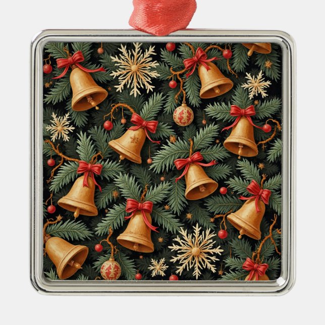 Ornement Carré Argenté Holiday Bells, Decorative Christmas Pattern, (Devant)