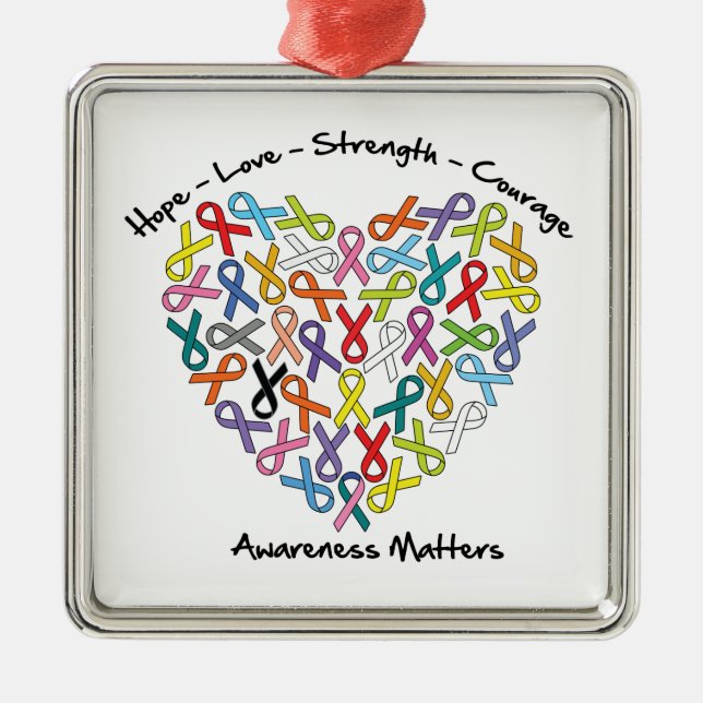 Ornement Carré Argenté Hope Love Strength Courage Awareness Matters (Devant)