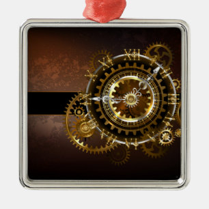 Ornement Carré Argenté Horloge Steampunk avec des engrenages anciens