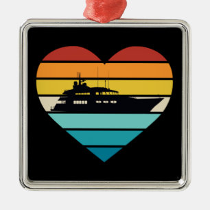 Ornement Carré Argenté I Love Yacht Capitaine Navire Retro Sunset