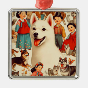 Ornement Carré Argenté Illustration de Jindo en Corée vintage