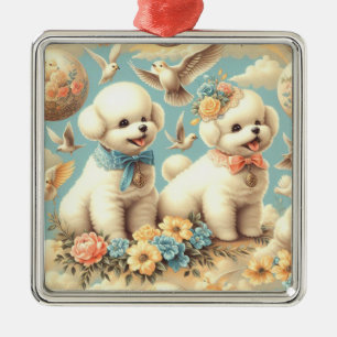 Ornement Carré Argenté Illustration de vintage Cute Bichon Frisé