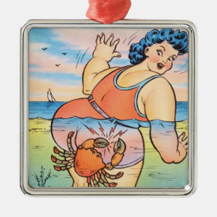 Ornement Carré Argenté Illustration drôle de crabe humoristique vintage d