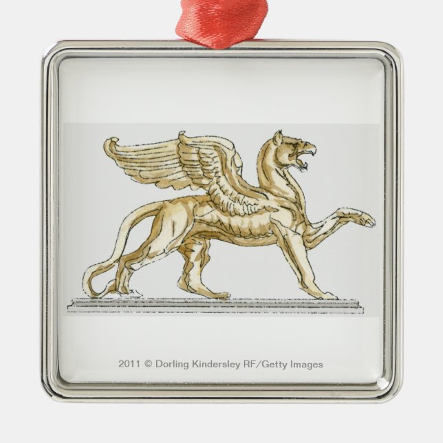 Ornement Carré Argenté Illustration d'une statue de griffon (Devant)