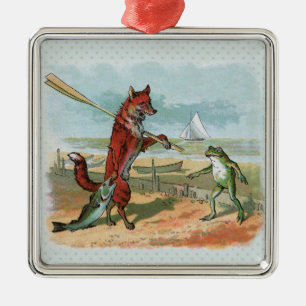 Ornement Carré Argenté Illustration fantaisiste de renard et de grenouill