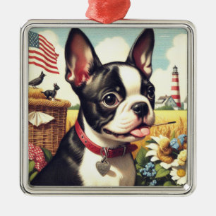 Ornement Carré Argenté Illustration vintage Boston Terrier