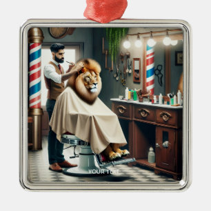 Ornement Carré Argenté Imaginaire Cute Barber Lion Coupe de cheveux