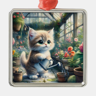 Ornement Carré Argenté Imaginaire Cute Chat Jardin Fleurs